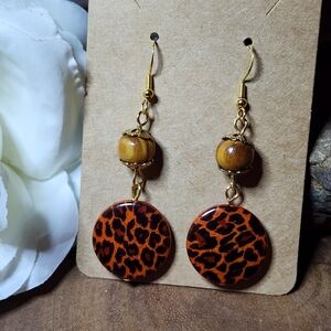 Hand Crafted Leopard Print Dangle Drop Earrings with Wooden Beads Gold Accents